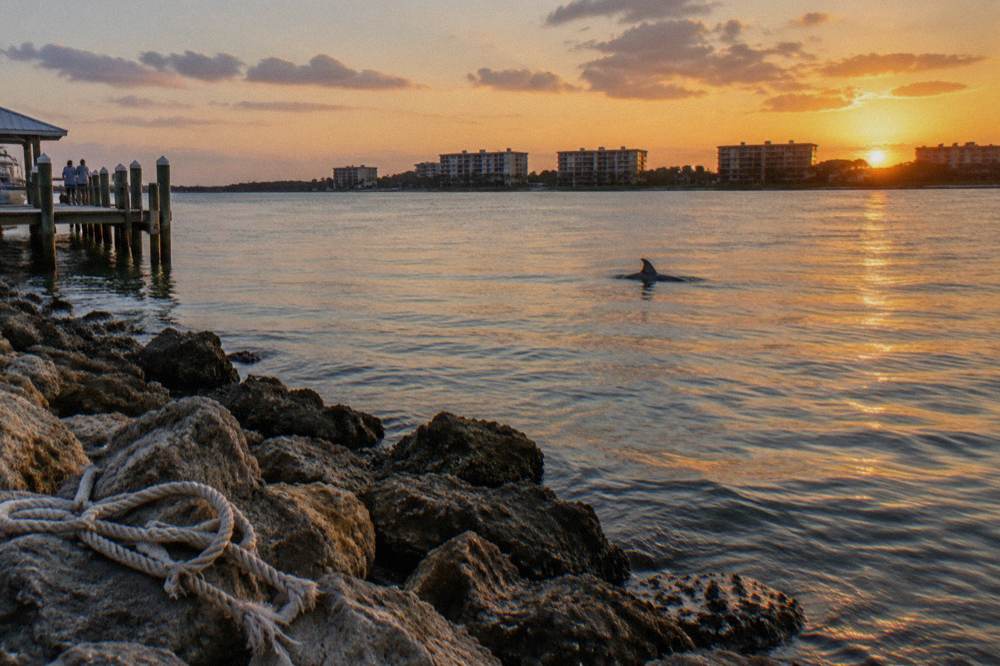 Dolphin dorsal fin breaking calm lagoon water at sunset with distant shoreline