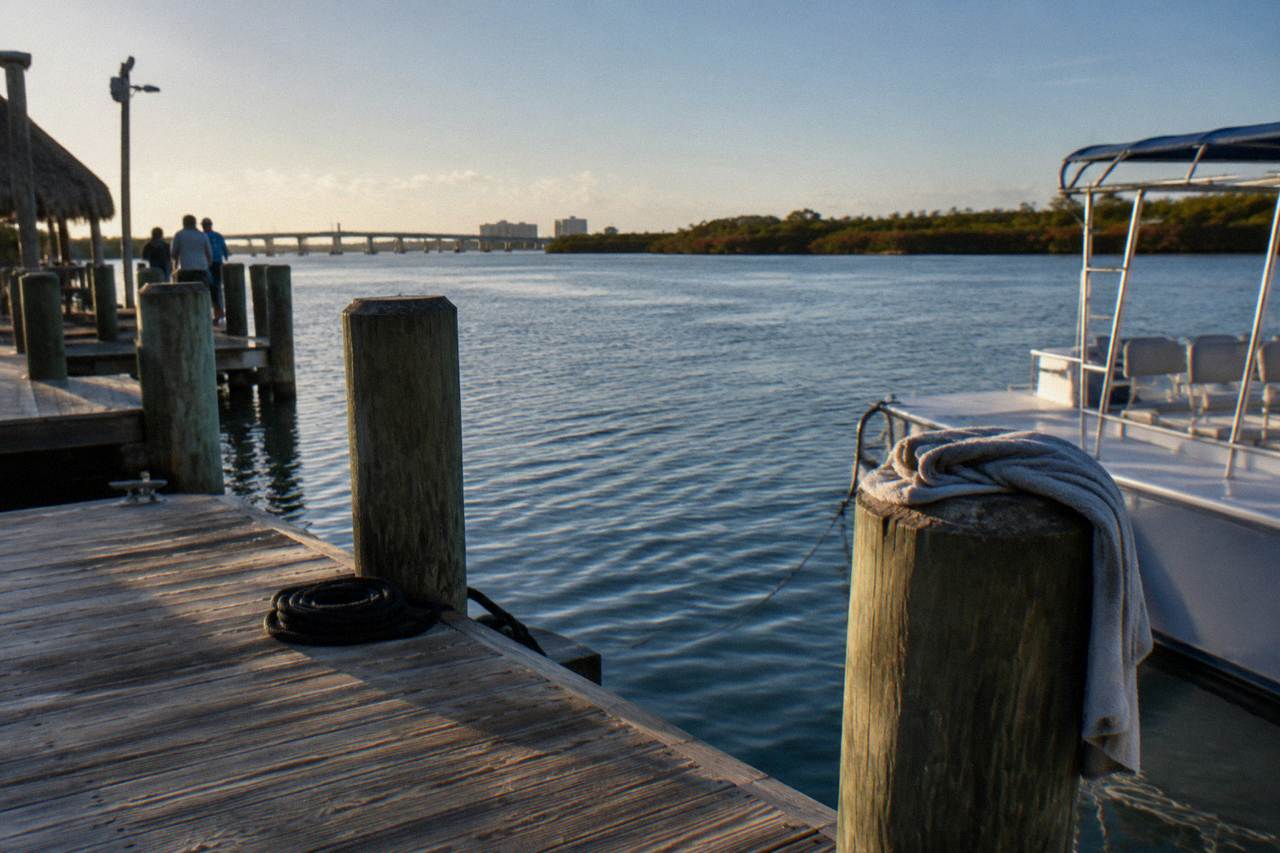 Calm lagoon water near Cocoa Beach at morning light with mangroves along the shore