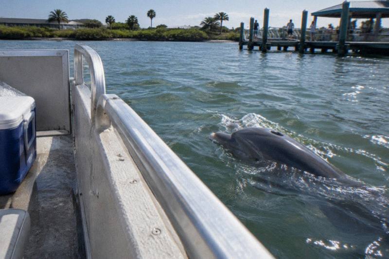 Small pontoon boat watching dolphins in the Banana River near Cocoa Beach