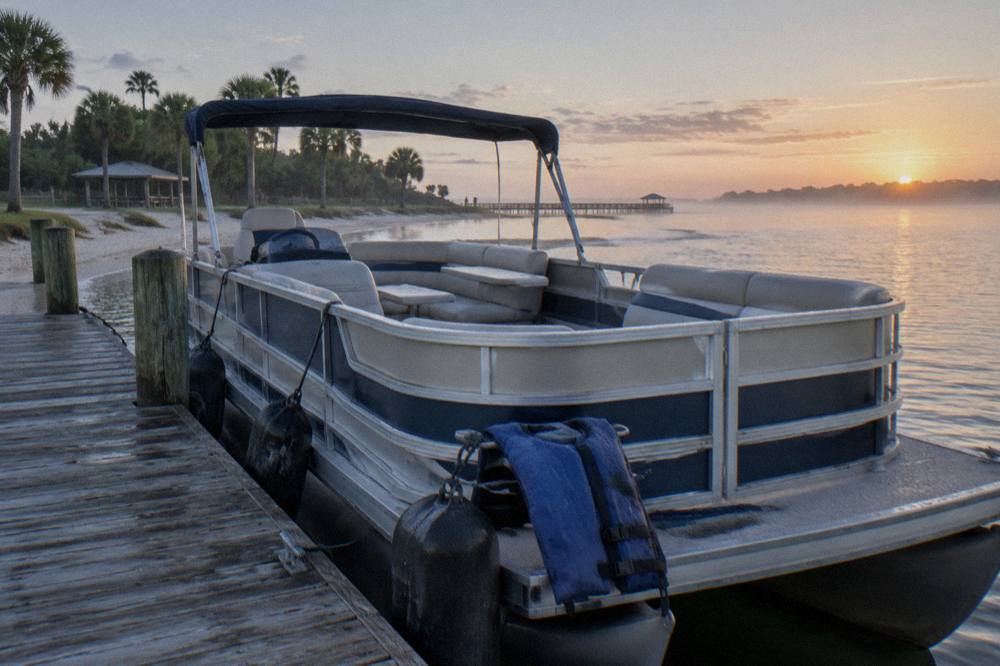A wide pontoon boat at a wooden dock on a calm lagoon morning