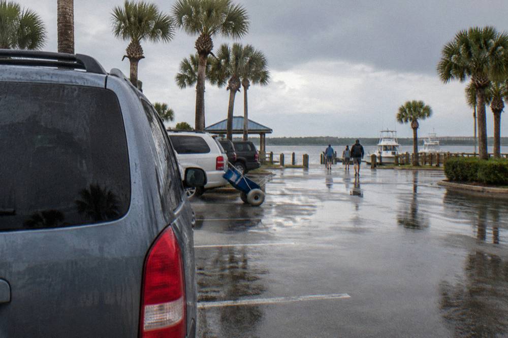 Rows of parked cars in a waterfront lot beside palm trees in Cocoa Beach