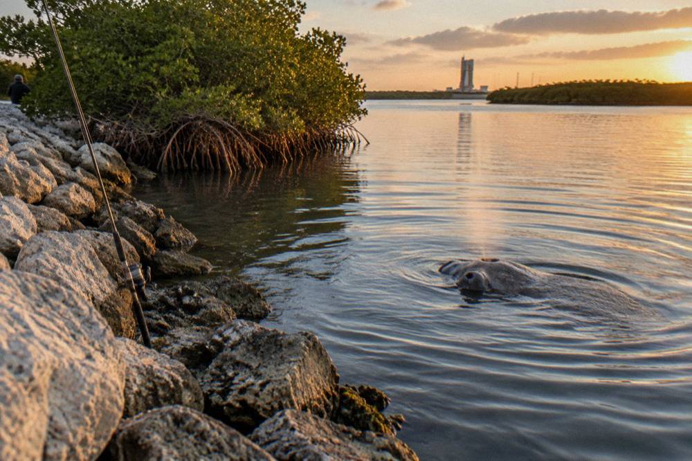 A manatee surfacing to breathe in a wide lagoon at golden hour