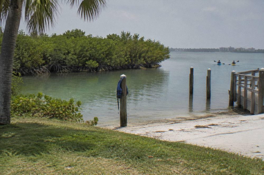Kayak launch ramp at a lagoon-side park with calm green water and mangroves